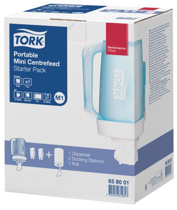 Tork Draagbare Mini Centerfeed Dispenser Startpakket, wit/turqoise, kunststof, Performance-Line - 658001